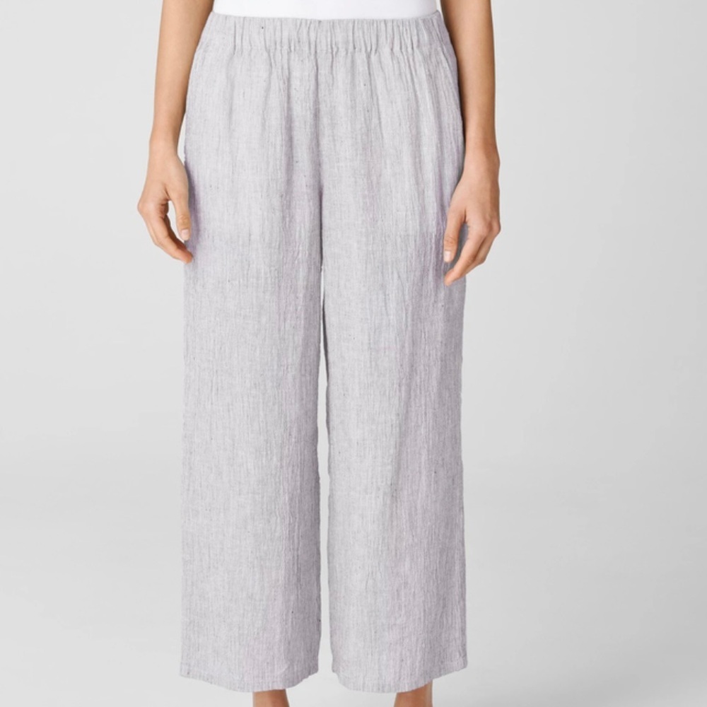 EILEEN FISHER Petite Organic Linen White Striped Wide Leg Cropped Pants
